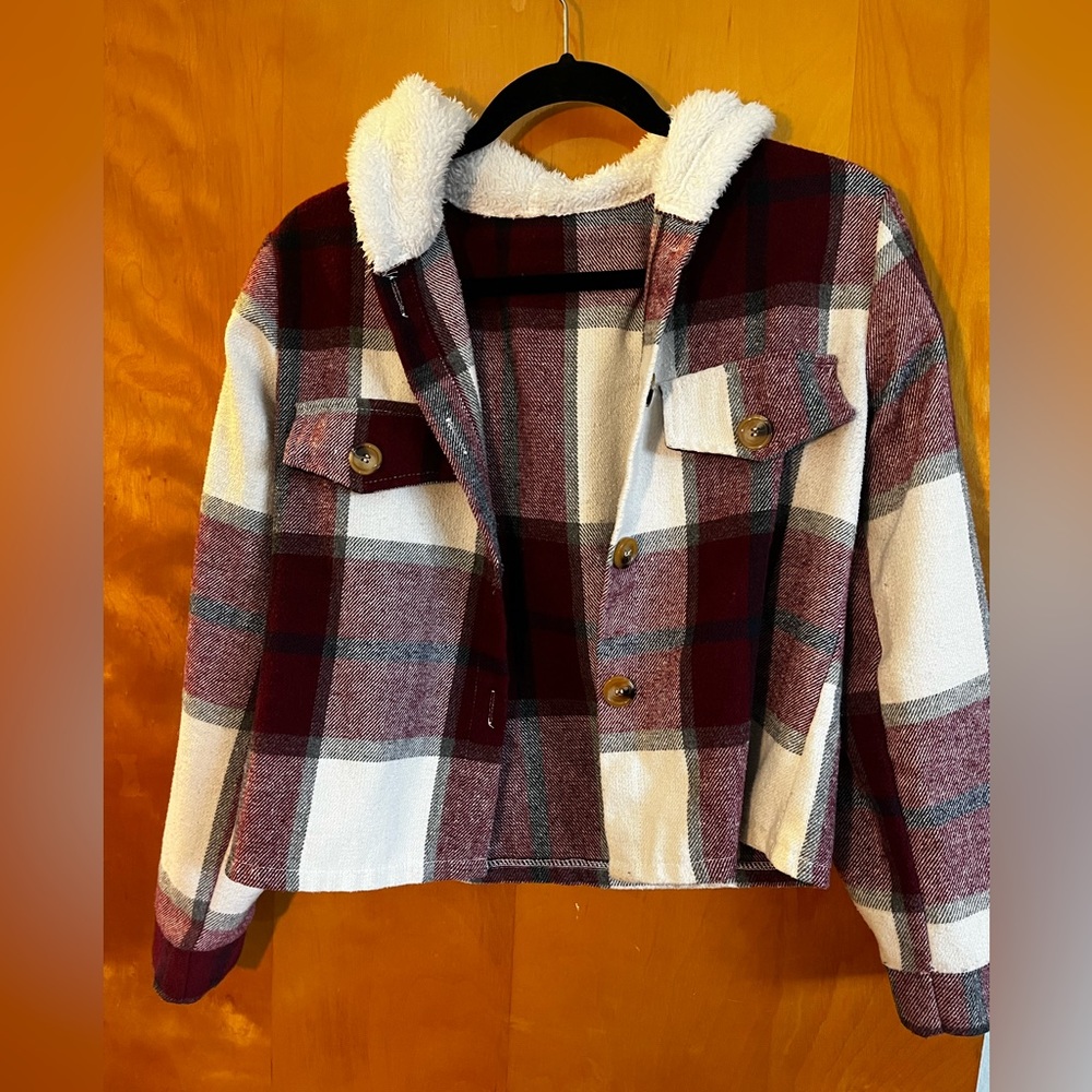 Plaid crop flannel jacket with hood
